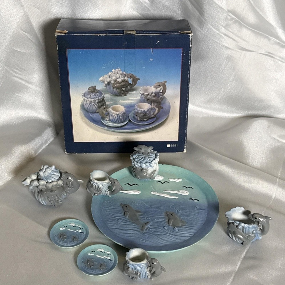1990's Vintage Miniature Tea Set Dolphin Sea Ocean From 1995